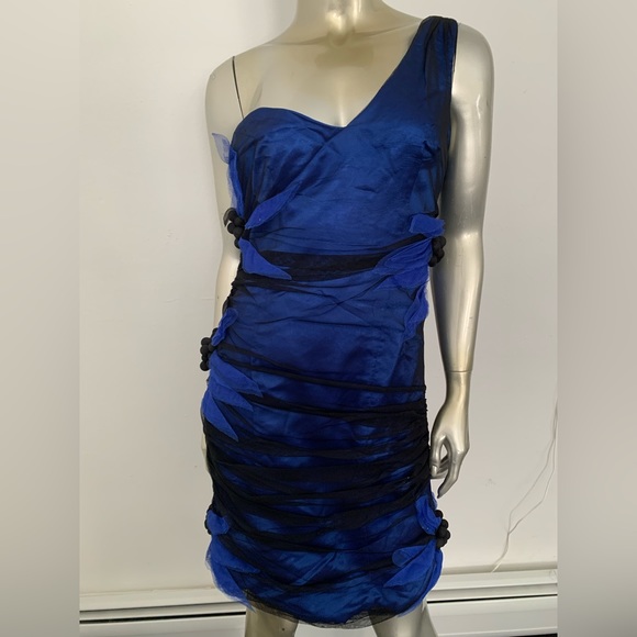 One Shoulder mesh Tulle Overlay black & blue mini Dress w flower detail size 6 - Picture 6 of 15